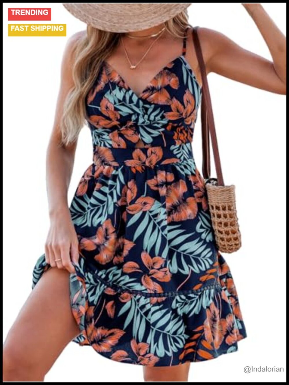 Tropical Print Mini A-Line Sundress V-Neck Self Tie Back Ruffled Sleeveless